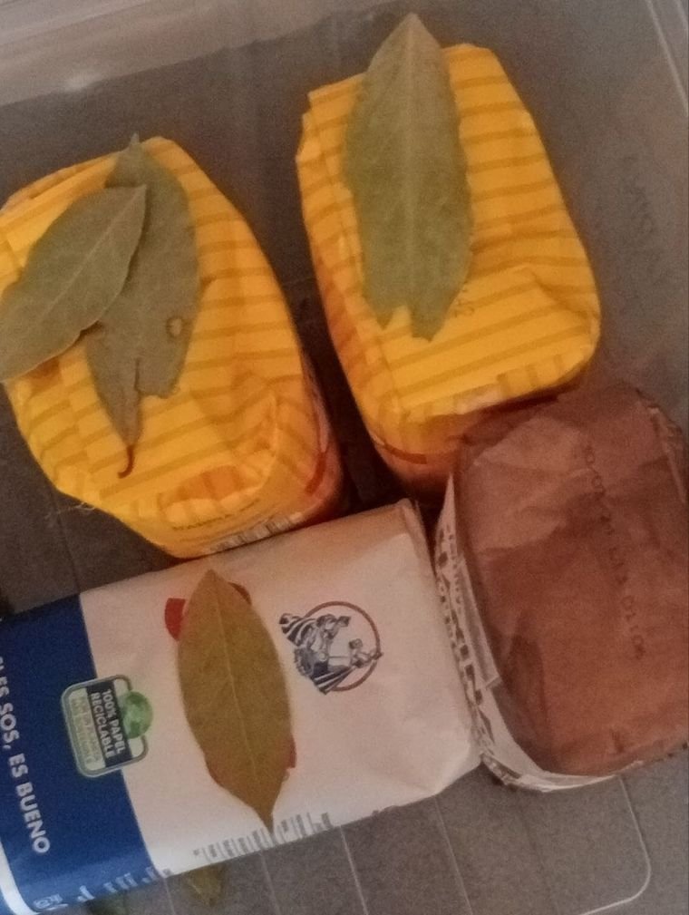 Caja de despensa de un lector: pasta y legumbres con una hoja de laurel encima de cada paquete