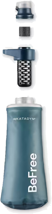Filtro Katadyn BeFree de 1 litro despiezado: bolsa flexible azul, tapón y cartucho