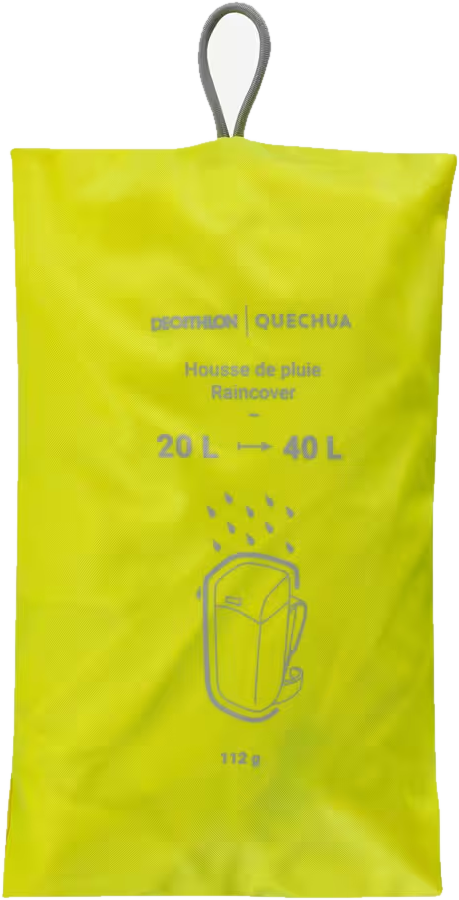 Funda de lluvia para mochila de 20 a 40 litros, amarillo lima fluorescente, plegada en su bolsa