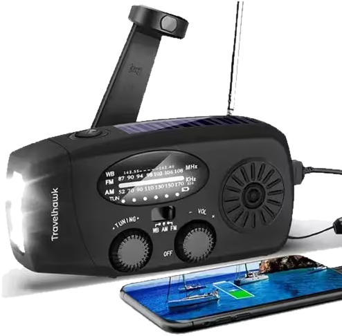 Radio de emergencia TravelHawk negra con manivela, panel solar y dial analógico