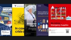 Portadas de los manuales de emergencia oficiales de Alemania, Suecia, Finlandia, Noruega y Suiza