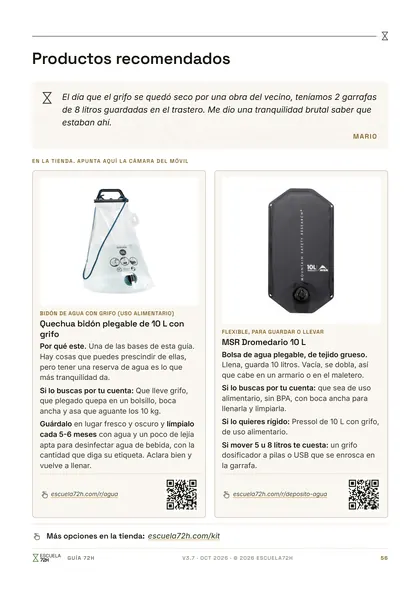 Página 56 de la guía: productos para el agua, cada uno con su código QR